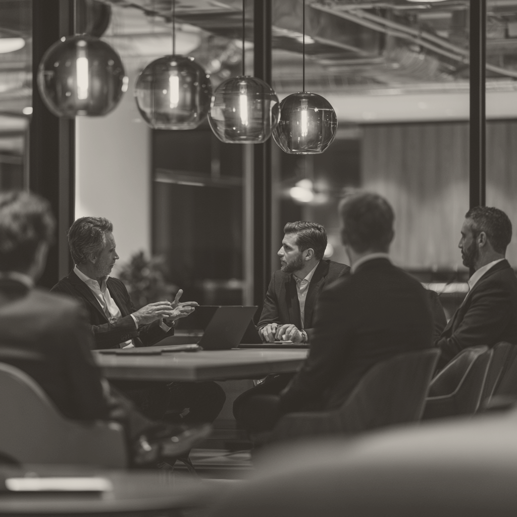 Five people in suits around a boardroom table under glass globe pendants, one presenting from a laptop
