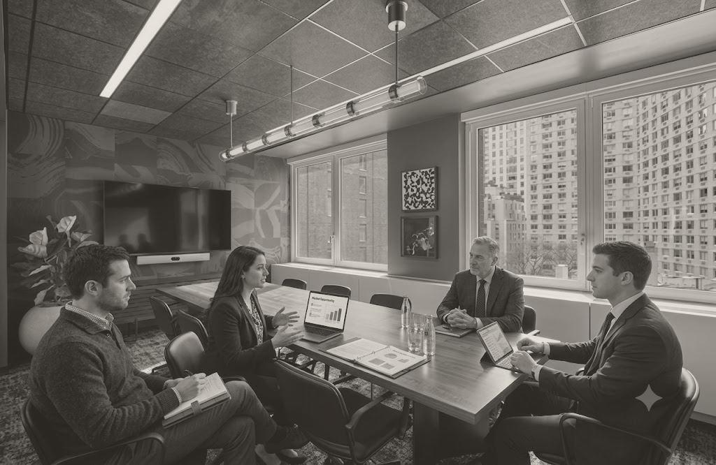 Four people around a walnut conference table in a Manhattan office reviewing market opportunity slides on a laptop
