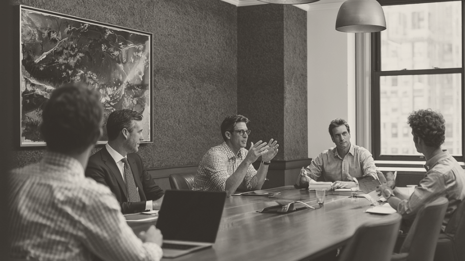 Five people around a long conference table in a Manhattan boardroom, one person speaking with hands raised