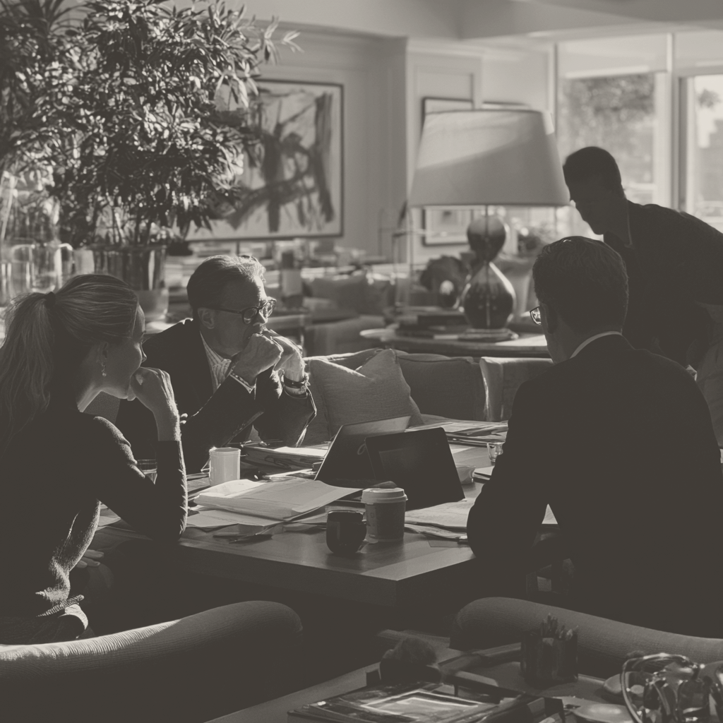 Four people around a table in a softly lit Manhattan lounge, reviewing documents and notes