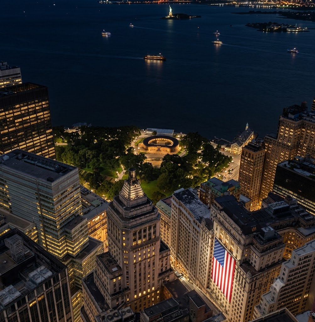 Lower Manhattan from the air at night, Battery Park and the harbour beyond, the Statue of Liberty lit on the water and a full-height American flag hung down a building face
