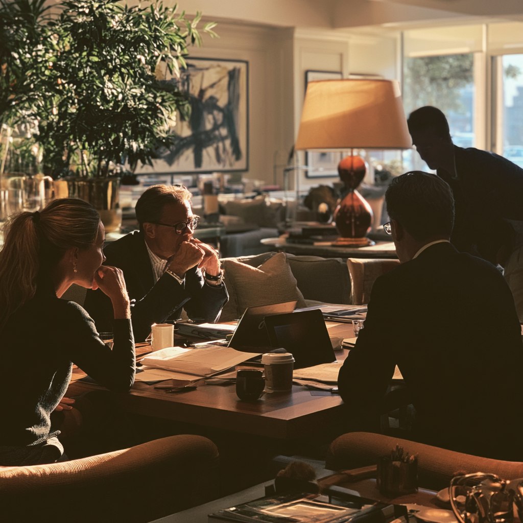 Four people around a table in a softly lit Manhattan lounge, reviewing documents and notes