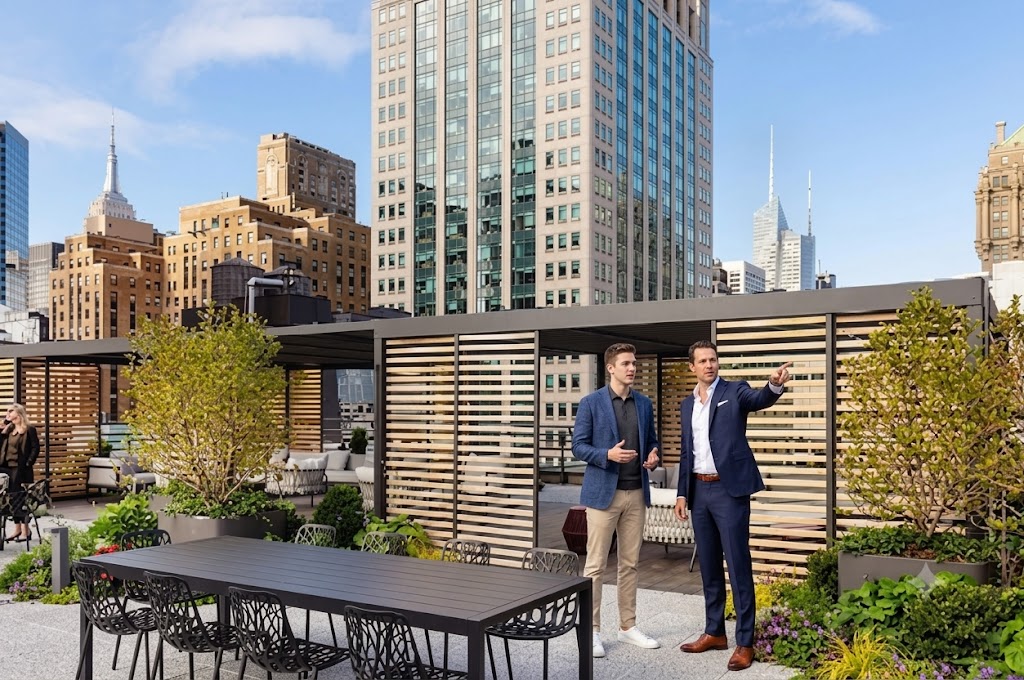 Two men talking on a Midtown roof terrace with planting, slatted timber screens and skyscrapers behind